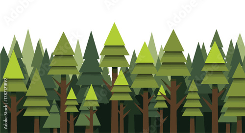 Stylized vector illustration of a dense evergreen forest with various shades of green pine and spruce trees creating a natural landscape banner design element