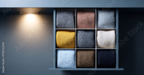 Organized closet shelf with neatly folded colorful sweaters in cubby compartments illuminated by soft overhead light