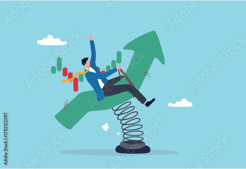 Riding market up trend, risk and uncertainty, stock market or cryptocurrency volatility, price movement, risk management concept, businessman investor or trader riding volatile rising up arrow rodeo.