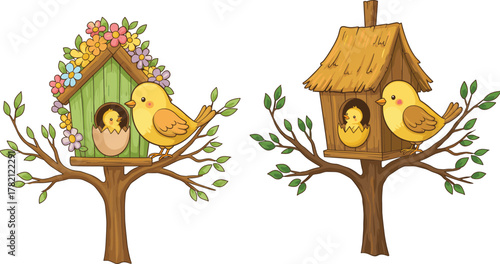 Cute yellow birds in wooden birdhouses on trees, floral design, spring season illustration, baby chick, wildlife family nature concept