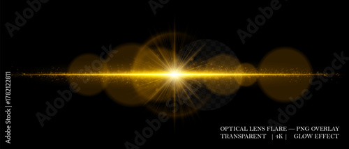 Optical lens flare with glowing core, scattered particles, and horizontal beam. Perfect for overlays, cinematic highlights, and futuristic visual effects in digital design.