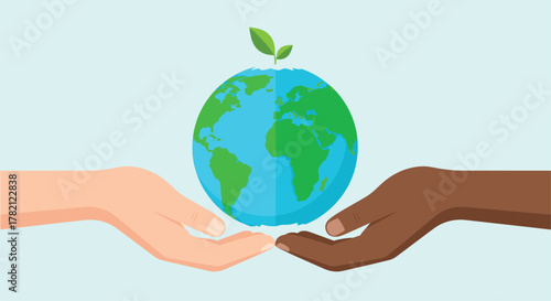 An illustration of diverse hands holding a green Earth with a plant, symbolizing global unity, environmental protection, peace, and sustainability for our shared planet's future