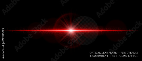 Optical lens flare with glowing core, scattered particles, and horizontal beam. Perfect for overlays, cinematic highlights, and futuristic visual effects in digital design.