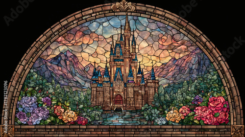 a beautiful stained glass window of a mountain castle. Vibrant colors. Modern design. AI generated image.