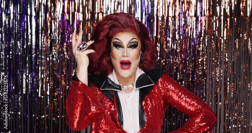 Foto Portrait, drag artist and pride at streamers with makeup for transformation, beauty and creative show