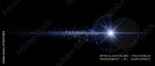 Dynamic lens flare with glowing dust particles and strong horizontal beam. Ideal for digital overlays, sci-fi visuals, and motion graphic designs.