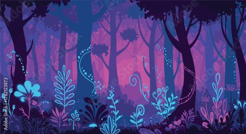 Vector landscape of an enchanted forest with glowing neon plants under a magical purple and pink sky