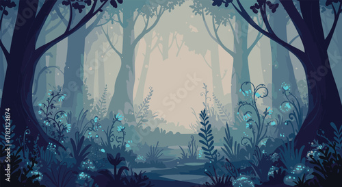 A mysterious path leads through a deep, misty forest with glowing fantasy plants, a magical blue twilight background design