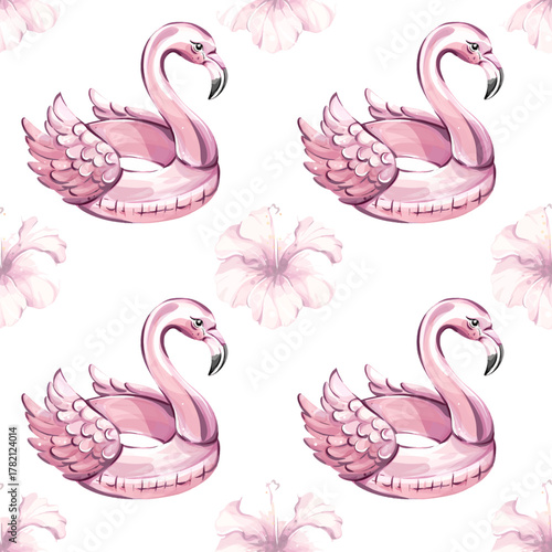 Seamless pattern background wallpaper featuring summer vibes with flamingo floaties and tropical flowers perfect for vacation themes and festive occasions