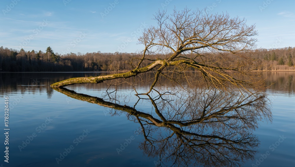 Obraz premium A serene natural landscape featuring a fallen tree in a calm blue lake, showcasing reflection and tranquility