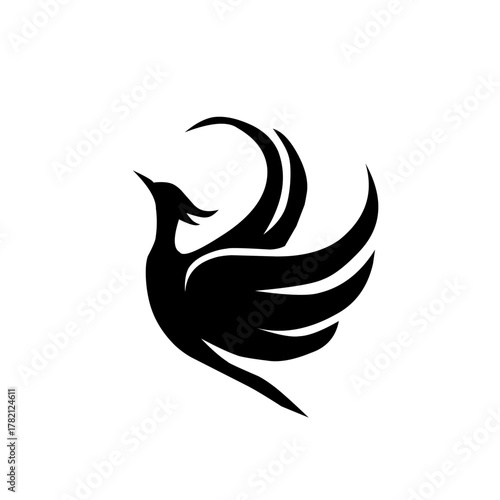 Dynamic, stylized black phoenix or bird soaring upward with elegant, flowing wings. A powerful symbol of rebirth, renewal, freedom, and strength for any brand or design.