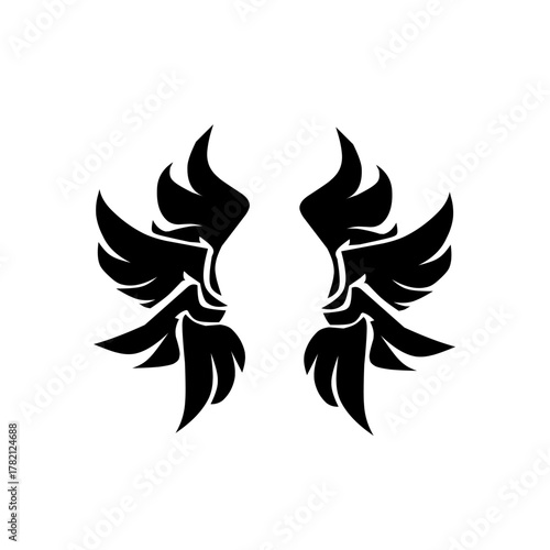 Striking pair of symmetrical, stylized black wings with sharp feathers and flame-like tips. A fierce and powerful symbol of flight, freedom, strength, or guardian status.