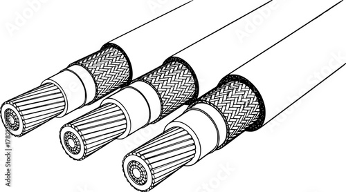  black and white illustration of three coaxial cables, showcasing their internal structure with multiple layers of insulation and conductors