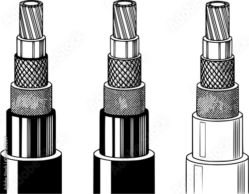  black and white illustration of three coaxial cables, showcasing their internal structure with multiple layers of insulation and conductors