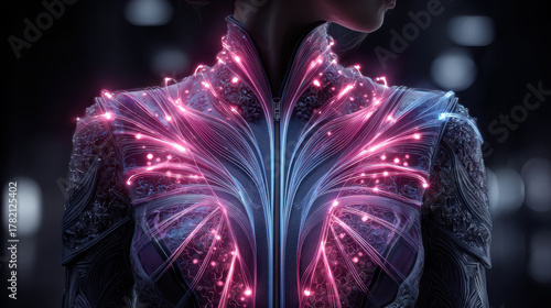Futuristic neon holographic costume featuring intricate designs and glowing elements, showcasing blend of technology and artistry. vibrant colors create captivating visual experience