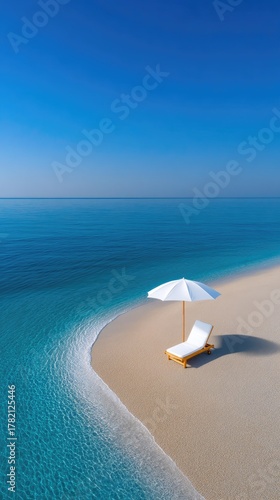 Tranquil Beach Scene With White Lounge Chair And Umbrella Under Clear Blue Sky And Calm Ocean Waters