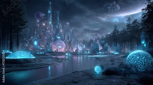 Futuristic neon holographic sacred site featuring glowing structures and ethereal landscapes, surrounded by serene water and mystical elements, evokes sense of wonder and tranquility