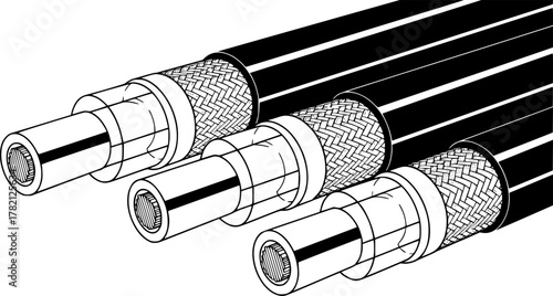  black and white illustration of three coaxial cables, showcasing their internal structure with multiple layers of insulation and conductors