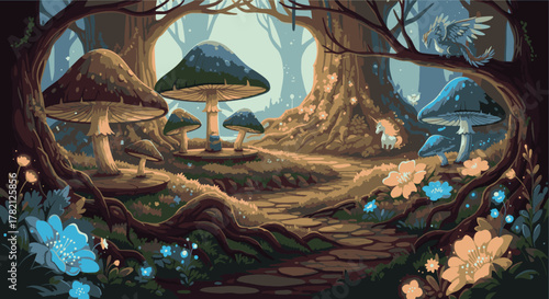 Pixel art illustration of a magical forest pathway winding through an enchanted grove of giant glowing mushrooms and whimsical flora