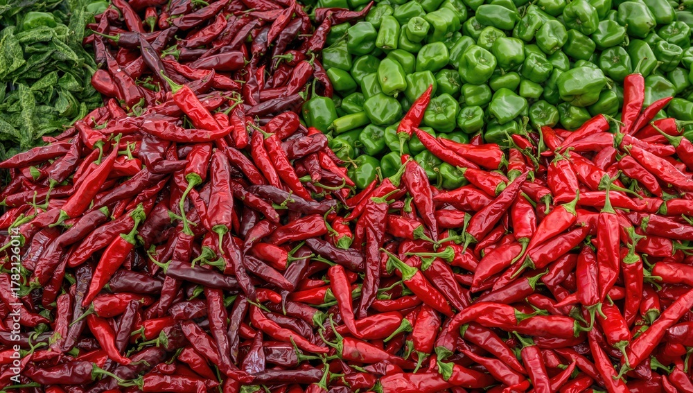 Fototapeta premium Variety of Spicy Chili and Cayenne Peppers, Ideal for Culinary Uses, Farmers Market