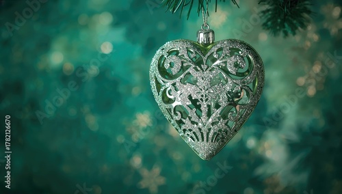 Close-up of a glitter heart-shaped ornament on a blurred green backdrop, ideal for seasonal decoration