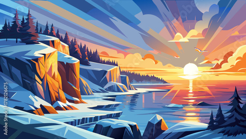 Very beautiful sunrise on the coast of Maine at -40°F, featuring icy cliffs, frost-covered shoreline, calm ocean waters, soft warm sunlight breaking through the cold morning air, in a realistic winter