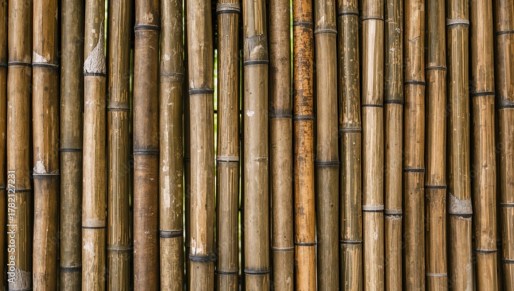 Fototapeta premium Close-up of bamboo sticks aligned uniformly, emphasizing texture and patterns, suitable for sustainable design themes