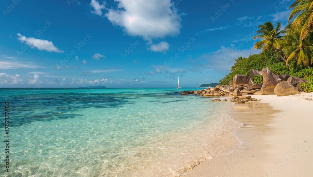 Fototapeta premium A picturesque coral beach featuring soft sands and clear waters, ideal for relaxation and nature appreciation