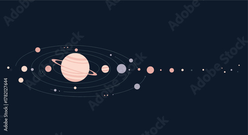 Stylized flat design illustration of the solar system with planets orbiting a central sun, representing space, astronomy, and the vast universe