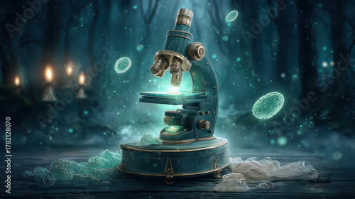 Surreal glowing microscope with floating luminous elements creates enchanting atmosphere, surrounded by mysterious particles and dark, ethereal background