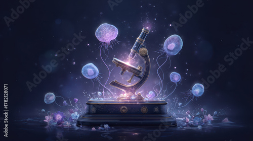 Surreal glowing microscope surrounded by floating luminous jellyfish and ethereal flowers creates captivating scene of scientific wonder and beauty