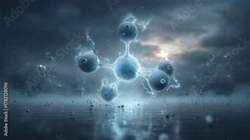Surreal glowing molecule with floating luminous spheres, surrounded by mist and water reflections, creates ethereal atmosphere. scene evokes sense of wonder and mystery