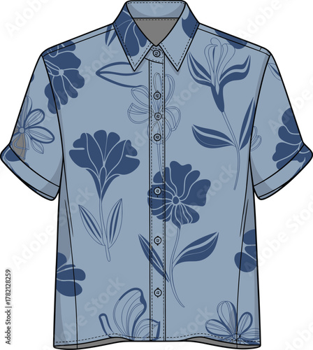 Light blue floral shirt, short sleeve button up, stylish summer fashion, casual men’s clothing, tailored design, trendy apparel, modern wear