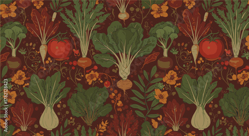 Vibrant vegetable garden illustration, showcasing tomatoes, beets, and diverse produce on a rich, earthy background