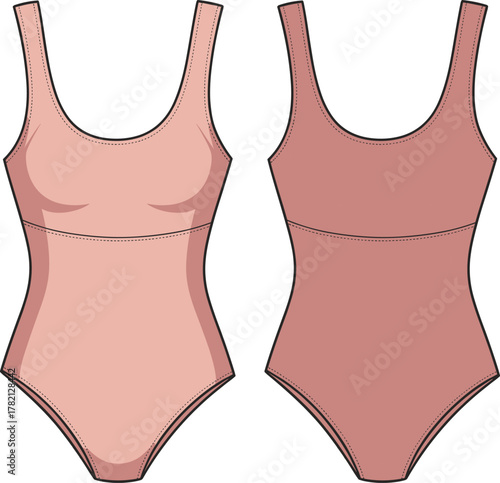 Pink one piece swimsuits, light and dark color options, stylish women’s swimwear fashion, scoop neckline design, high cut leg openings, trendy apparel