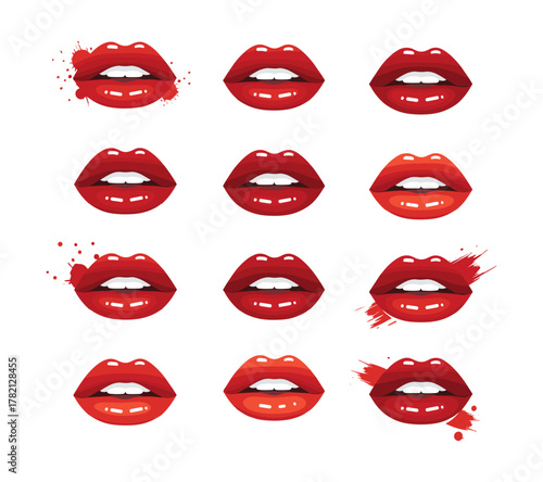 Red lips line art set with lipstick stains
