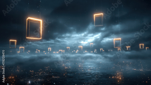 Surreal glowing technology scene features floating luminous rectangles above misty landscape, creating ethereal atmosphere. interplay of light and shadow evokes sense of wonder and mystery