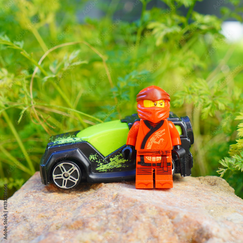 Naklejka premium Lego Ninjago minifigure with a toy car on a rock in a natural setting