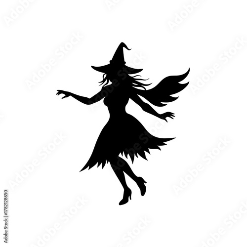 Enchanting witch or fairy silhouette flying with hat and wings