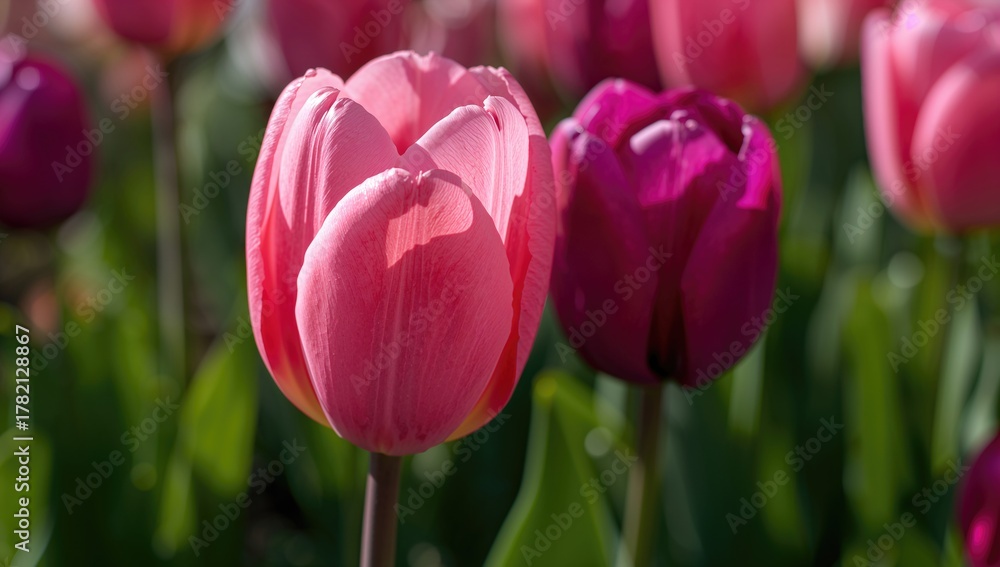 Fototapeta premium Close-up of vibrant pink and purple tulips in spring sunlight, ideal for floral layouts