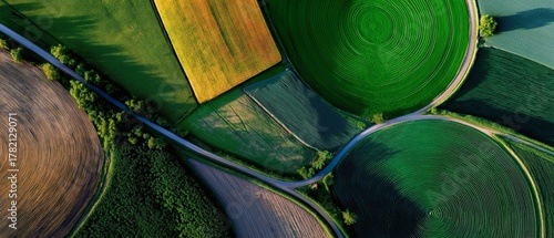 A panoramic view of colorful cultivated fields from a birds-eye view.