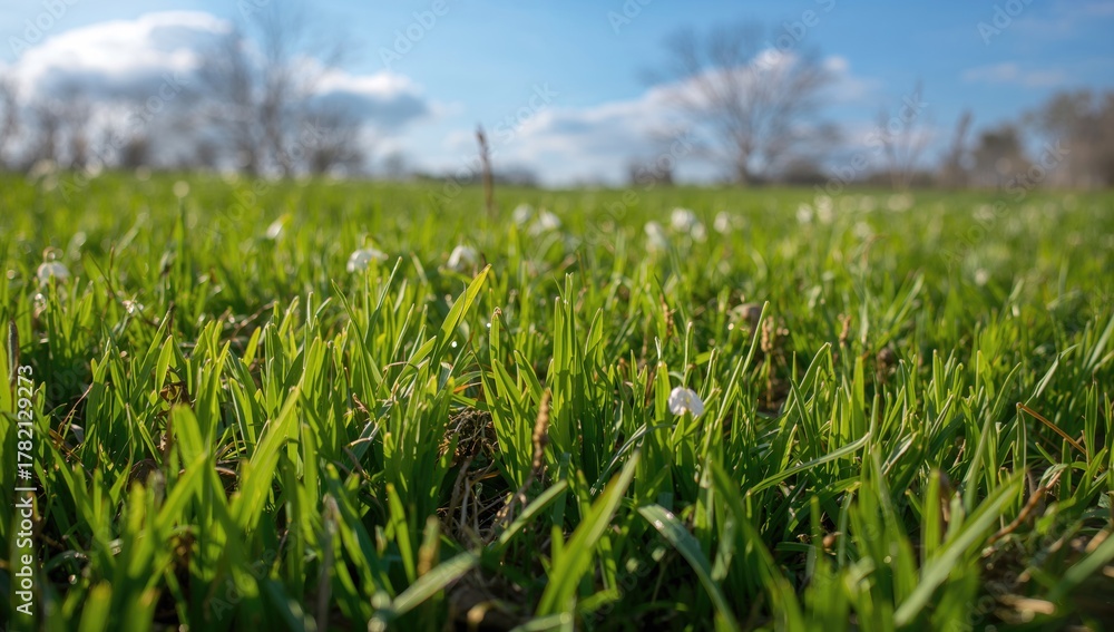 Obraz premium A vibrant patch of sprouting green plants emerging from the grass, soaked in sunlight, illustrating seasonal growth