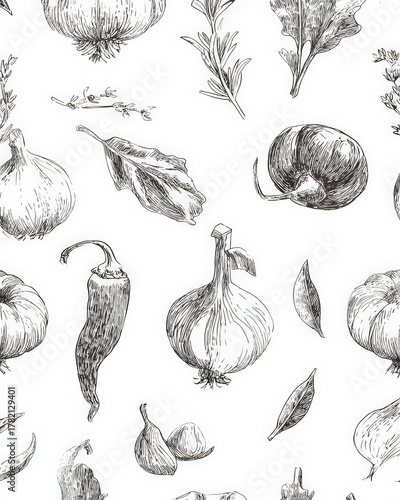 Hand-Drawn Herbs and Spices Seamless Pattern: Culinary Illustration for Food Packaging and Recipe Design