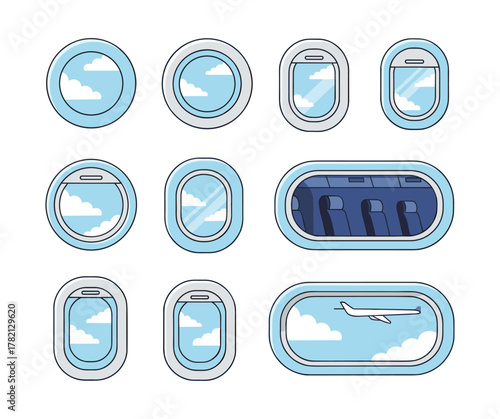 Airplane window icon set showing sky, clouds, and travel concept