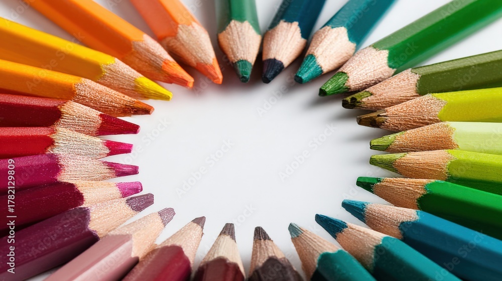 Obraz premium Colorful Pencils Arranged in a Circle on White Background, Representing Art, Creativity, and Education