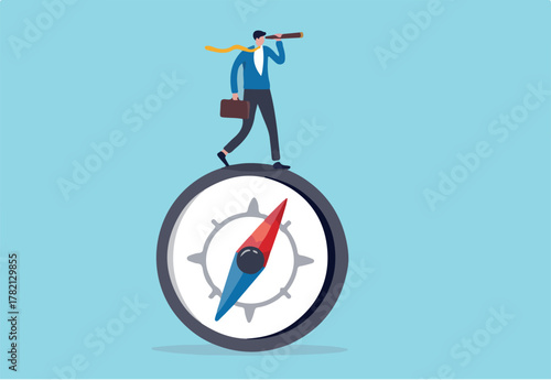 Business direction with leadership visionary, business goal and achievement or looking for solution and discovery concept, smart businessman leader using telescope look for the way forward strategy
