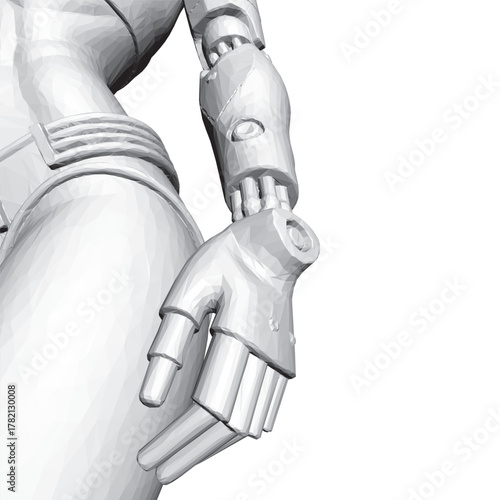 Polygonal robotic girl's hand on white background. The 3D model appears alive and expressive.