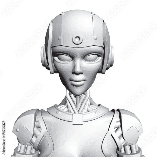 Polygonal robotic girl in a futuristic suit and helmet stands against a white background. Her detailed humanoid face and metallic sheen create a striking cyborg appearance.