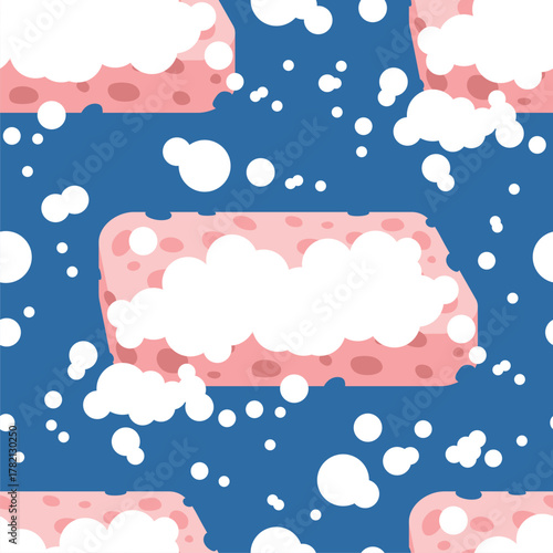 Vector seamless pattern with cleaning sponges an soap. Pattern for packaging, business cards and wallpaper. Pink sponges on dark blue background.