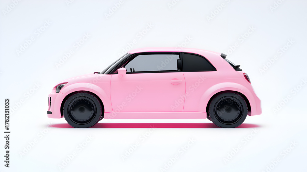 Fototapeta premium Pink compact car a small vehicle for urban commuting isolated on white background